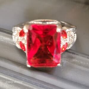 Sterling Silver Ring With Red Center Stone and Cubic Zirconia Accents Size 6 3/4